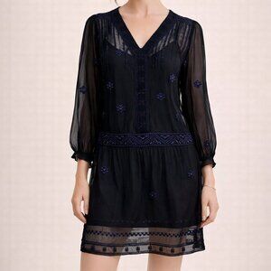 Karen Millen Sheer Embroidered Beaded Tunic Mini Dress Black Blue 4